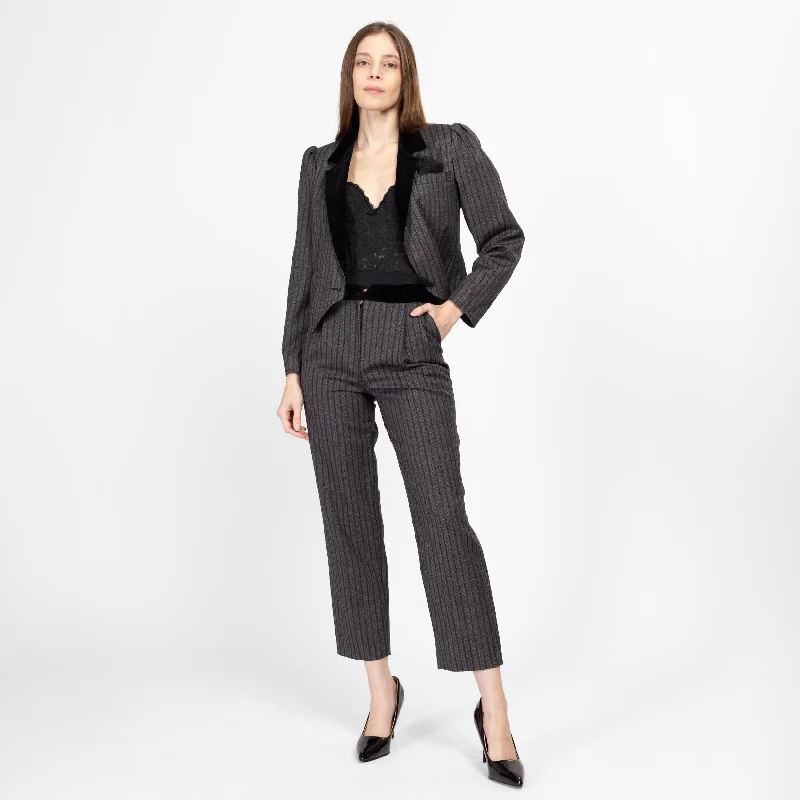 XS 80s Grey Pinstriped Cropped Jacket & Pants Suit Set