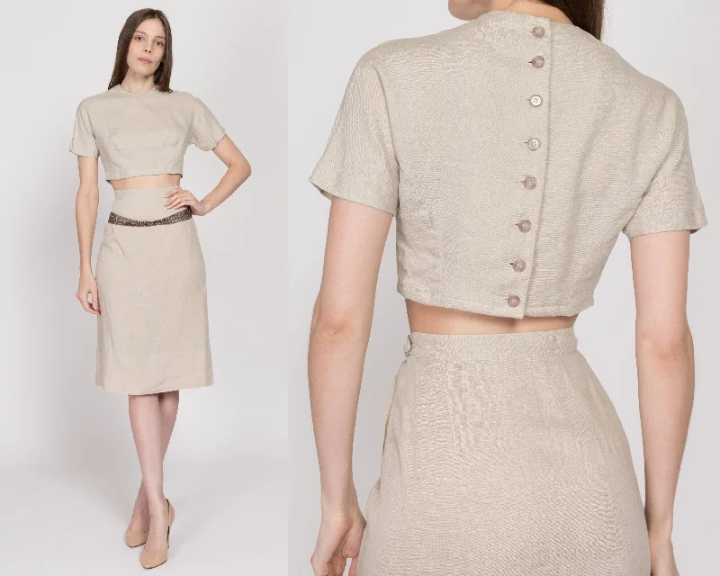 XS 60s Oatmeal Linen Crop Top & Midi Skirt Set