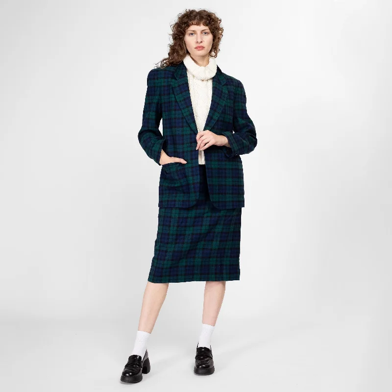 Medium 80s Pendleton Black Watch Tartan Wool Jacket & Midi Skirt Set Size 8