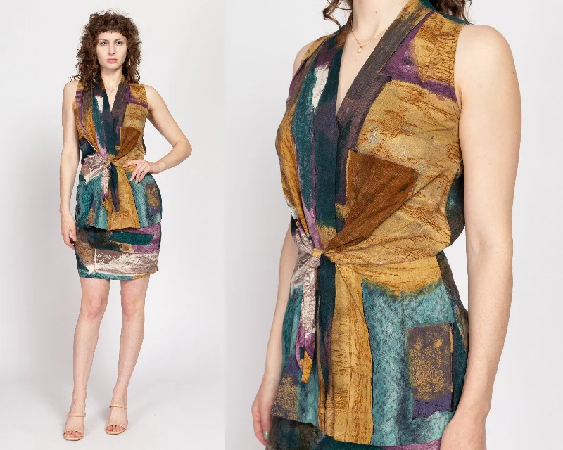 Medium 80s Earth Tone Abstract Print Top & Mini Skirt Set