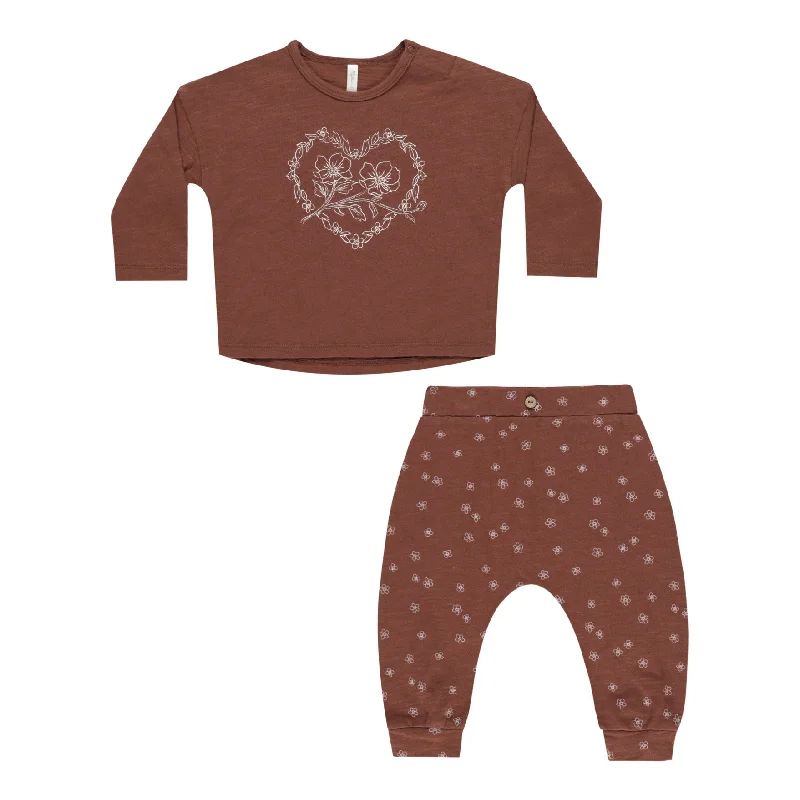 Long Sleeve Tee + Pant Set - Posey Heart - Brick