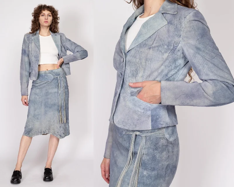 Sm-Med Y2K Blue Suede Tie Dye Skirt & Blazer Set