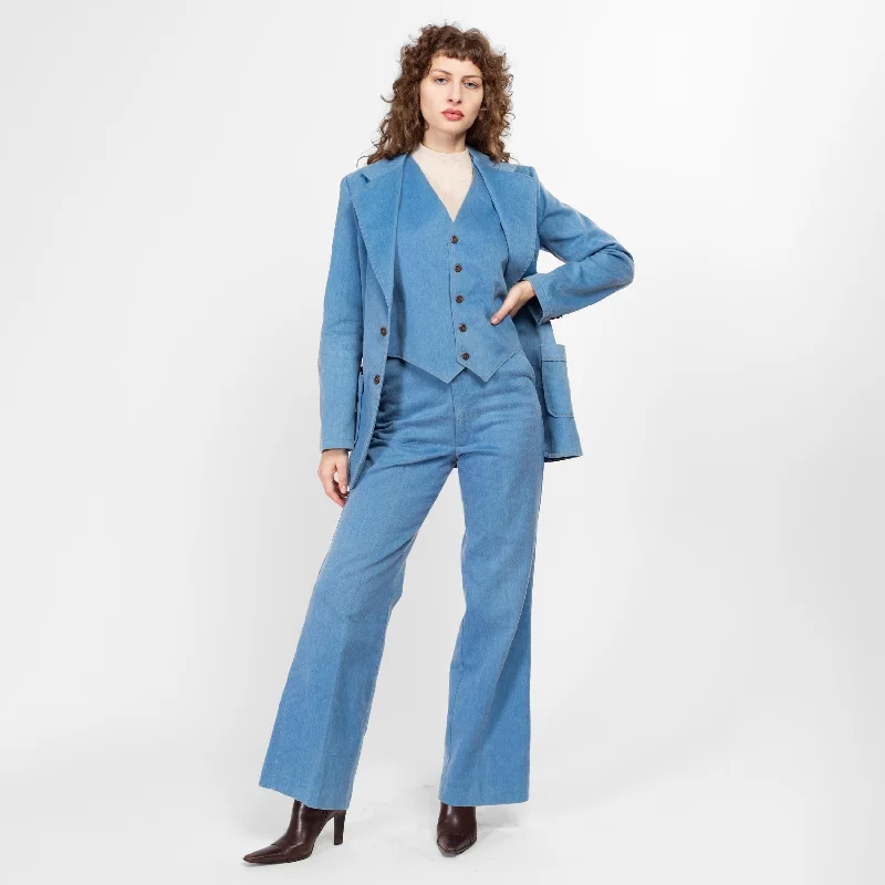 Sm-Med 70s Blue Denim Blazer Vest & Pant Suit Set