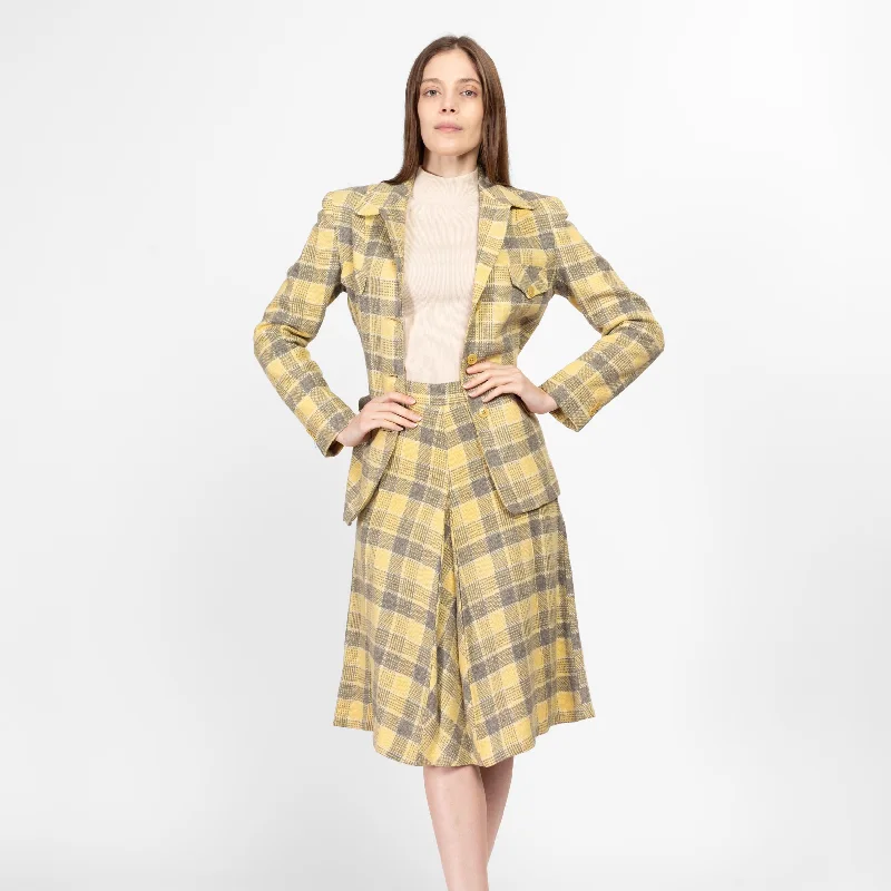 Medium 1940s Yellow & Grey Plaid Wool Skirt Suit Set