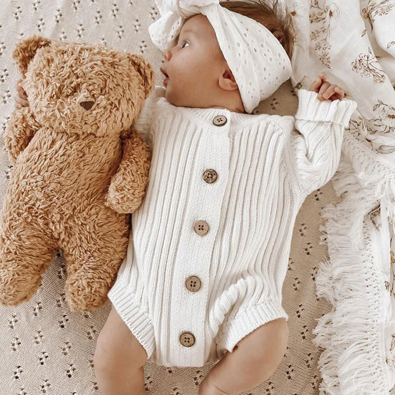 Comfy Solid Color Round Neck Long Sleeve Button Front Ribbed Knit Baby Romper