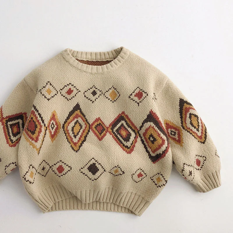 Funny Argyle Jacquard Knit Round Neck Long Sleeve Kids Pullover Sweater