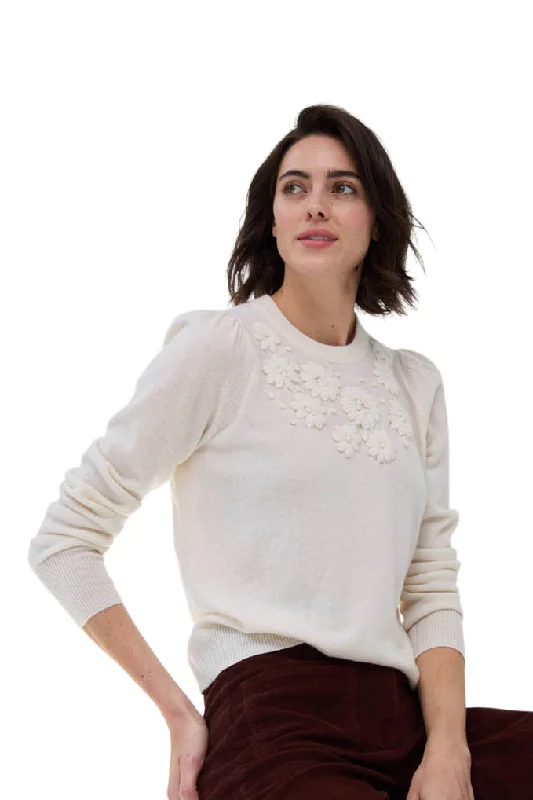 Autumn Cashmere Puff Sleeve Crew with Floral Hand Embroidery in Chalk