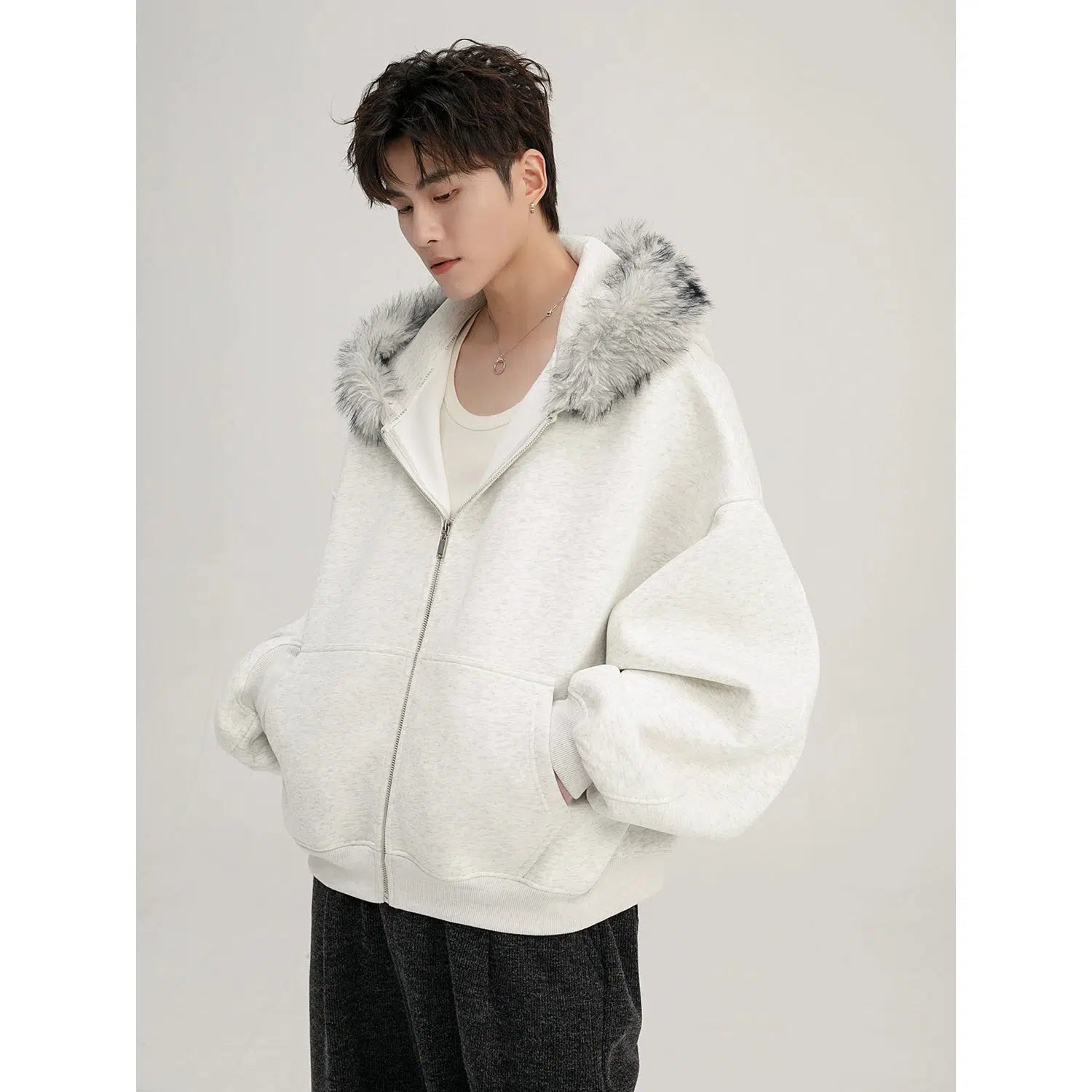 Hooded Fur Collar Zipper Cardigan