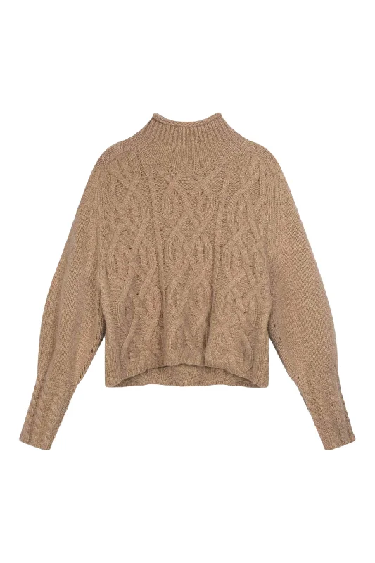 Repeat Cashmere Cropped Cable Knit Cashmere Sweater in Taupe