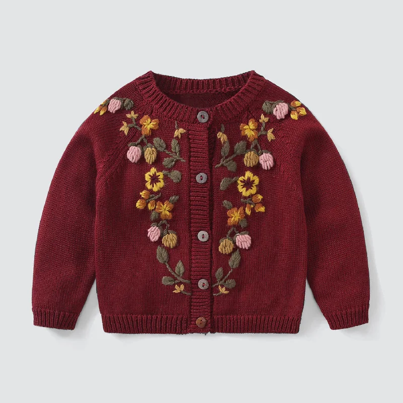 Cute Floral Embroidery Woolen Blend Knit Crew Neck Button Up Girls Cardigan