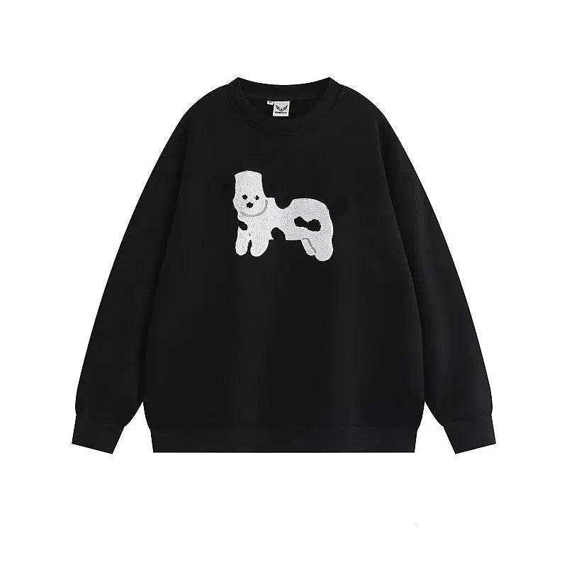 Spotted Dog Embroidery Round Neck Sweatshirt