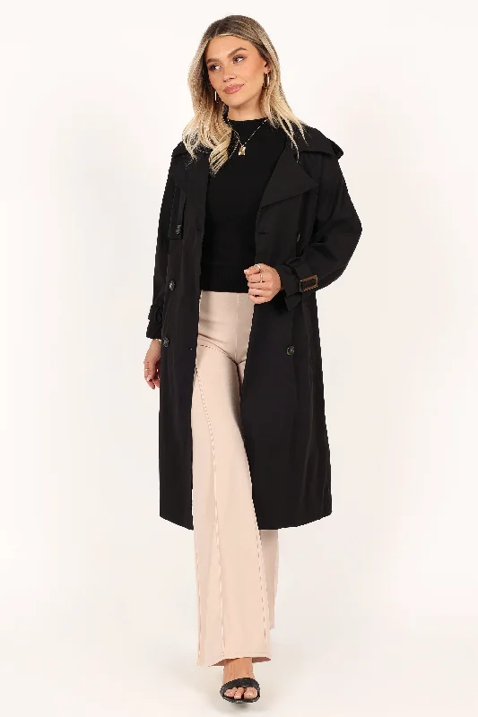 Trina Button Front Trench Coat - Black