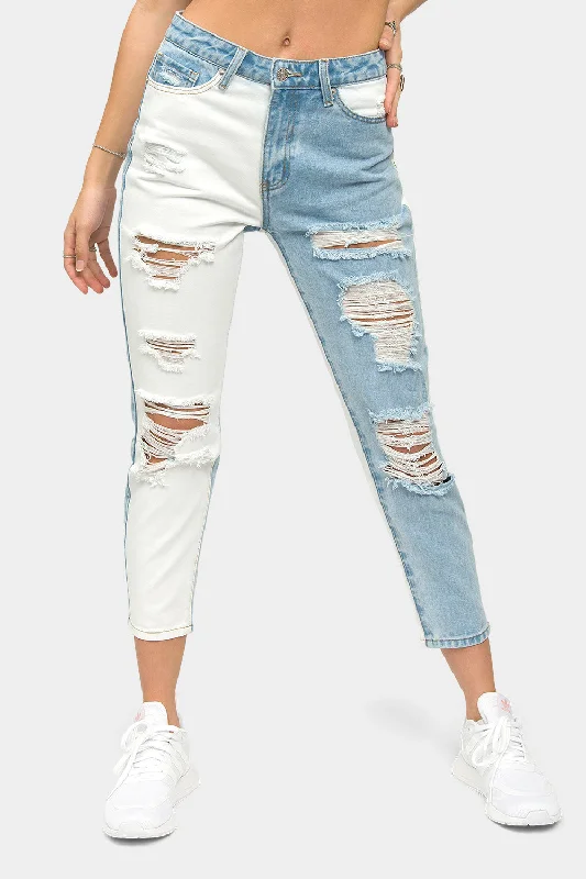 Distressed High Waist Color Block Boyfriend Jeans