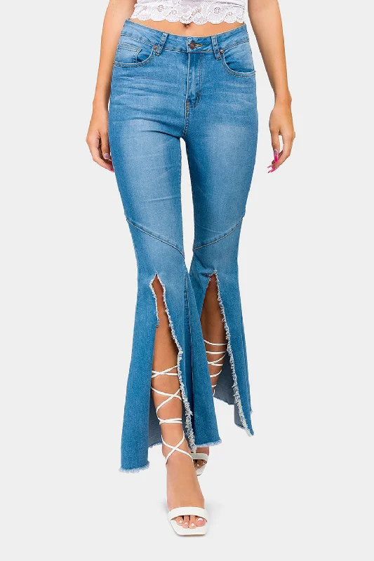 High Waist Front Slit Flare Jeans