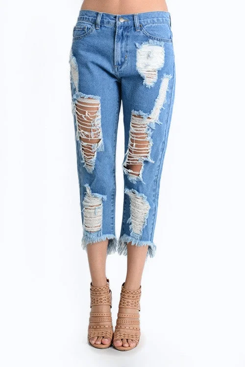 Torn Low-Rise Boyfriend Jeans