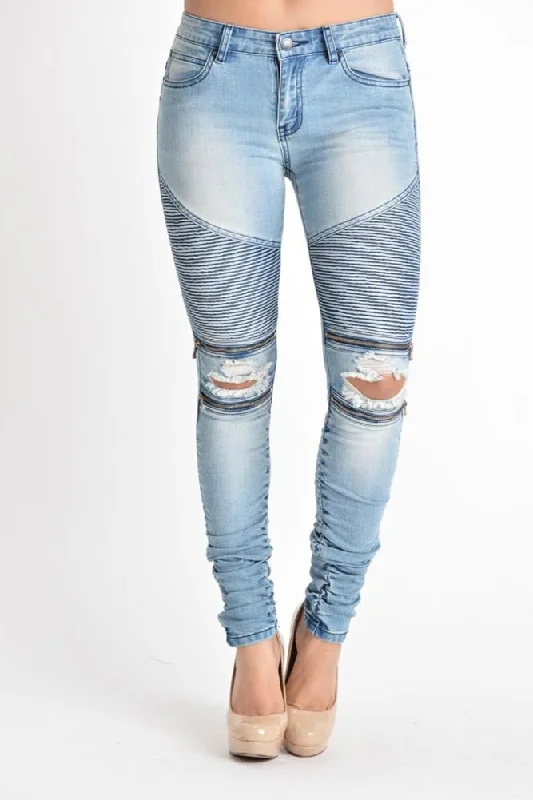 Women's Biker Style Ripped Zip Rider Jeans