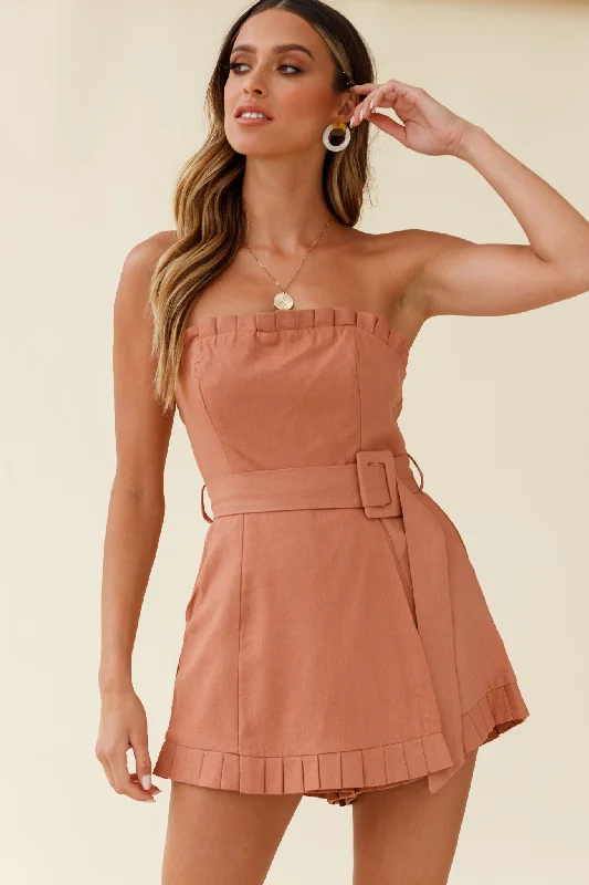 Elodie Pleat Trim Belted Skort Romper Tan