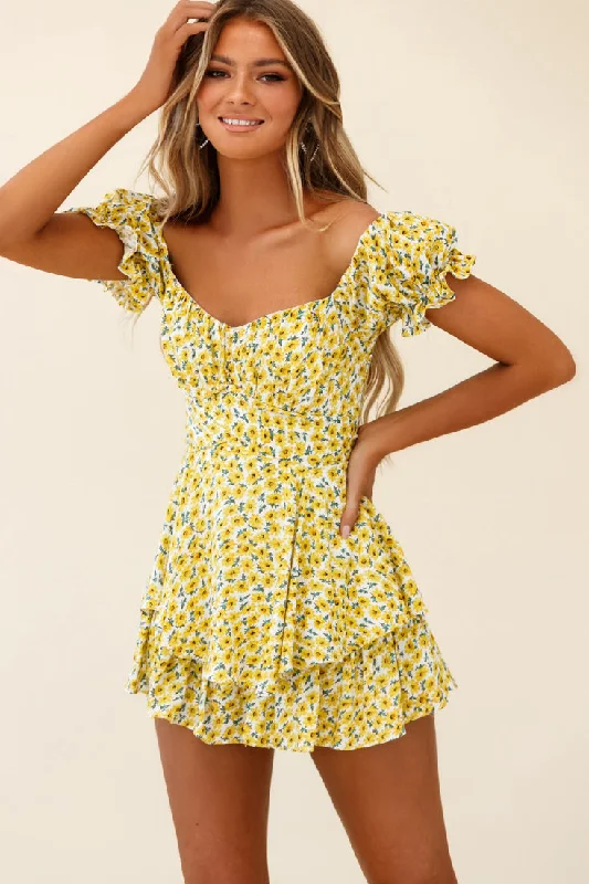 Linka Off-Shoulder Tie Back Romper Sunflower Print Yellow