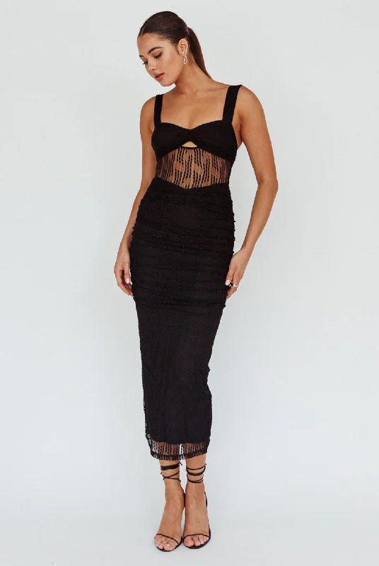 Oliana Embroidered Mesh Midi Dress Black