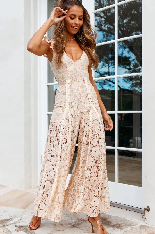 Take Note Laced-Back Frill Shoulder Lace Jumpsuit Nude