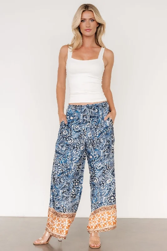 Zora Boho Satin Pants | Blue Multi Print